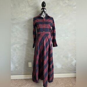 New Lion Women's Sz 42 Long Sleeve Buffalo Check Burgundy Blue Maxi Dress